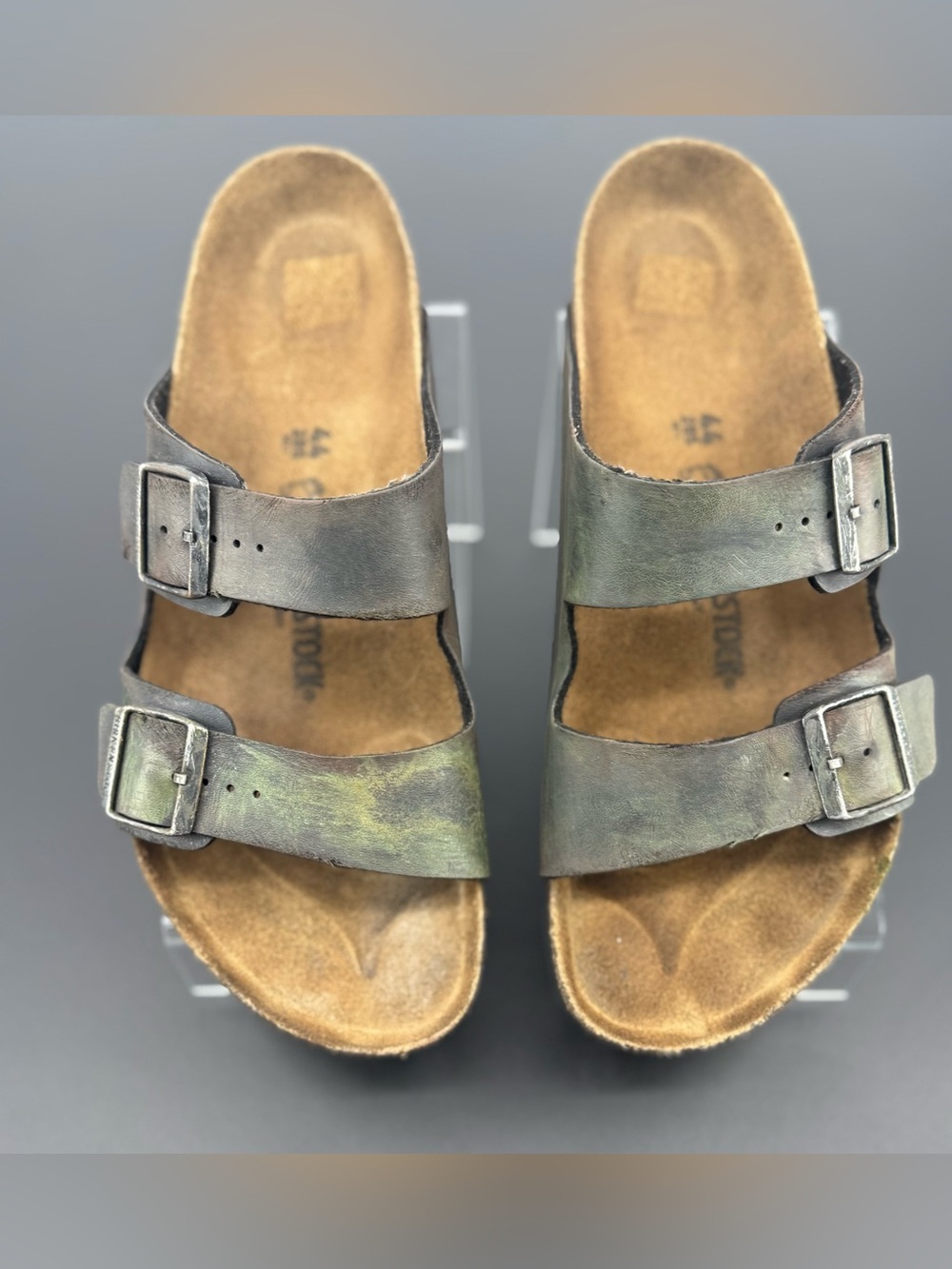 Birkenstock Men’s Two-Buckle Slides in Distressed Green-Brown Size EU44/US 11
